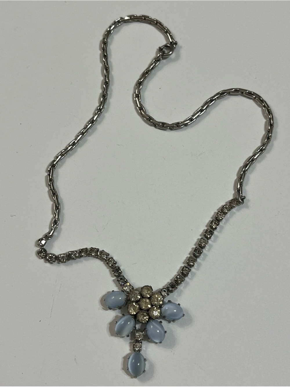 Silver-Tone Blue Cabochon Flower Necklace
